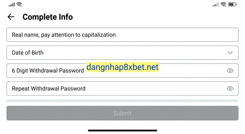 Màn hình hoàn thiện thông tin hồ sơ tài khoản 8xbet